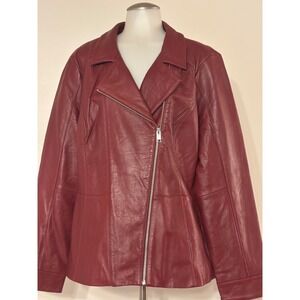 Denim Company Burgundy Leather Moto Jacket Womens XL Asymmetrical Zip‎ Lined